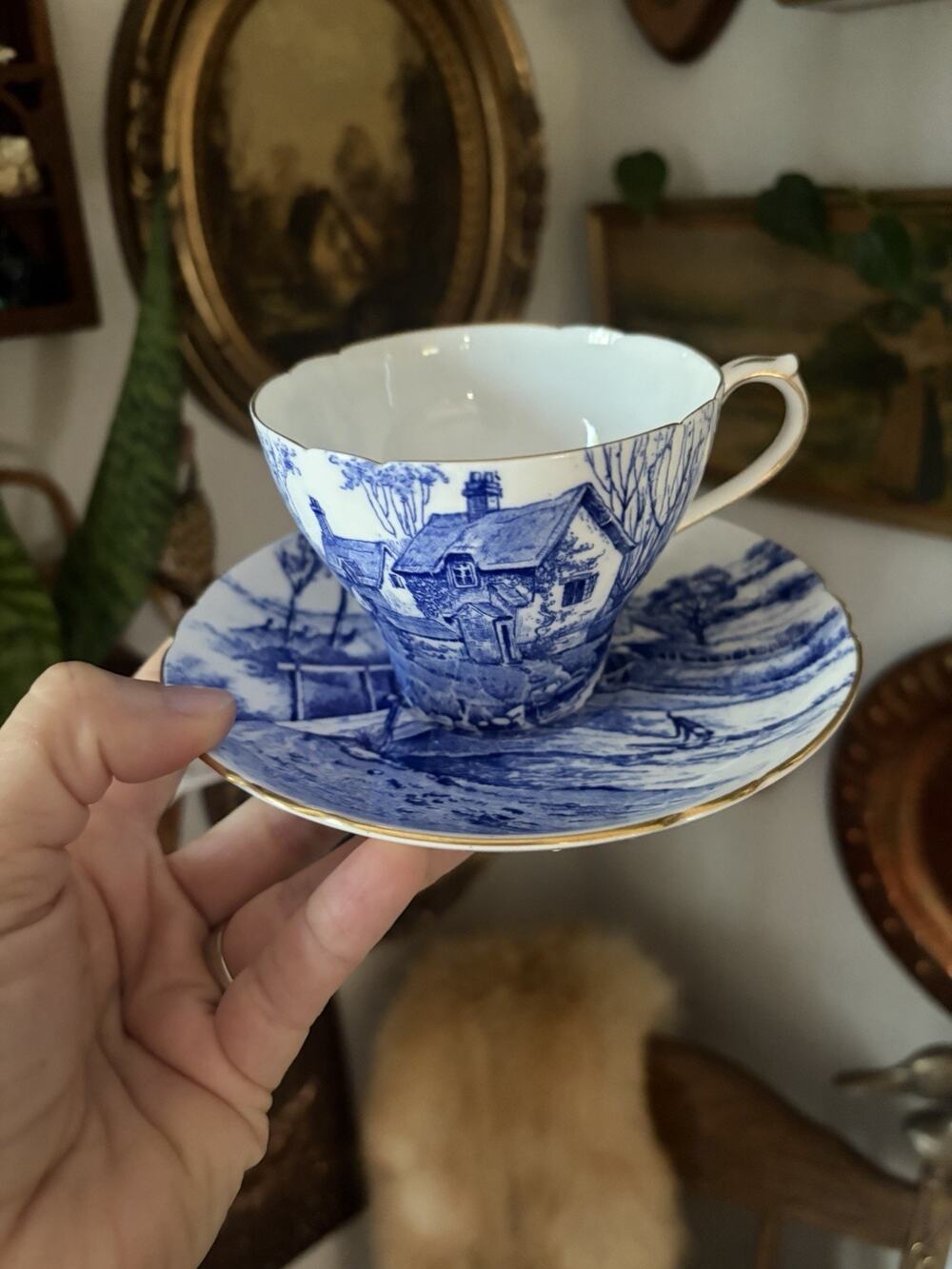 Vintage 1940s Shelley ‘Glorious Devon’ Blue White Bone China Teacup And Saucer